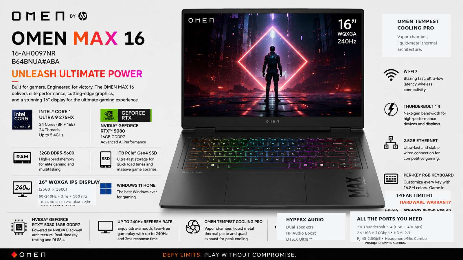 HP OMEN MAX 16-ah0097nr Gaming Laptop, Intel Core Ultra 9 275HX, 32GB DDR5-5600, 1TB PCIe Gen4 SSD, NVIDIA GeForce RTX 5080 16GB GDDR7, 16-inch WQXGA IPS 240Hz, Wi-Fi 7, Windows 11 Home, Shadow Black | B64BNUA#ABA
